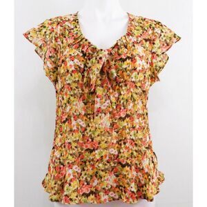 Floral Sz XXL (20) Casual or Dress Crinkled Semi Sheer Neck Tie Blouse BETHANY